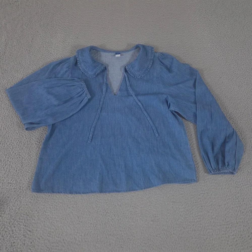 Old Navy Top Womens Medium Blue Ruffle-Collar Chambray Cotton Puff Sleeve Tie